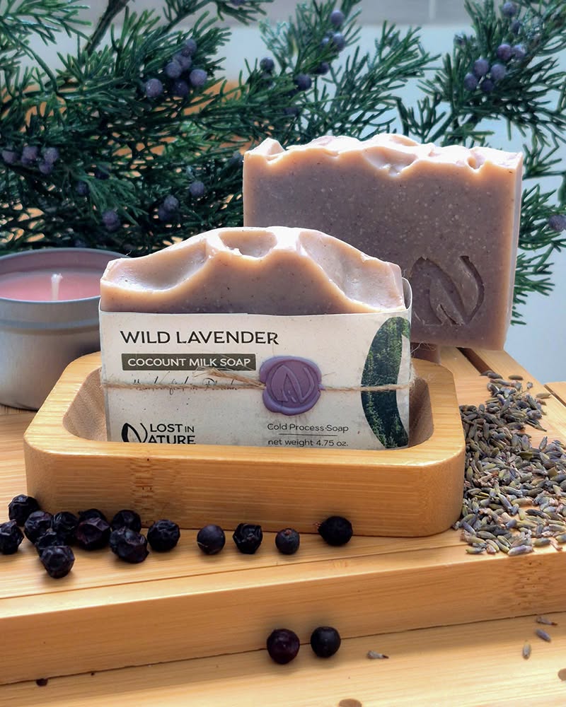 A bar of Wild Lavender handmade soap from Lost in Nature Soap